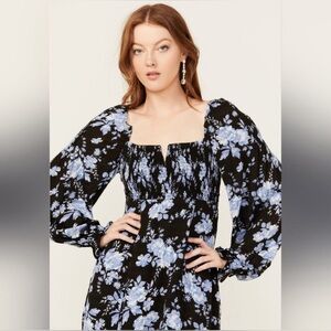 NWT FREE PEOPLE Jaymes Midi Peasant Dress Black Blue Combo XS